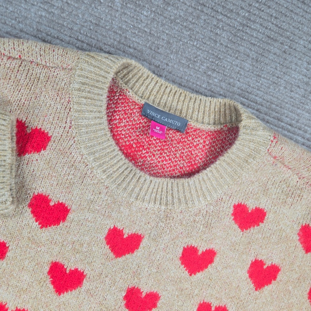 Vince Camuto Womens Medium Tan Red Heart Intarsia Oversized Pullover Sweater